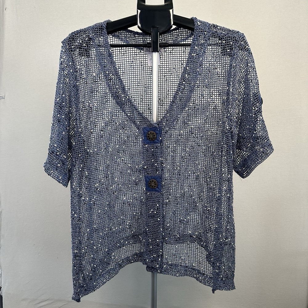 Blair Small Blue Open Knit Mesh Sheer Cardigan Topper Coconut Buttons Short Slee